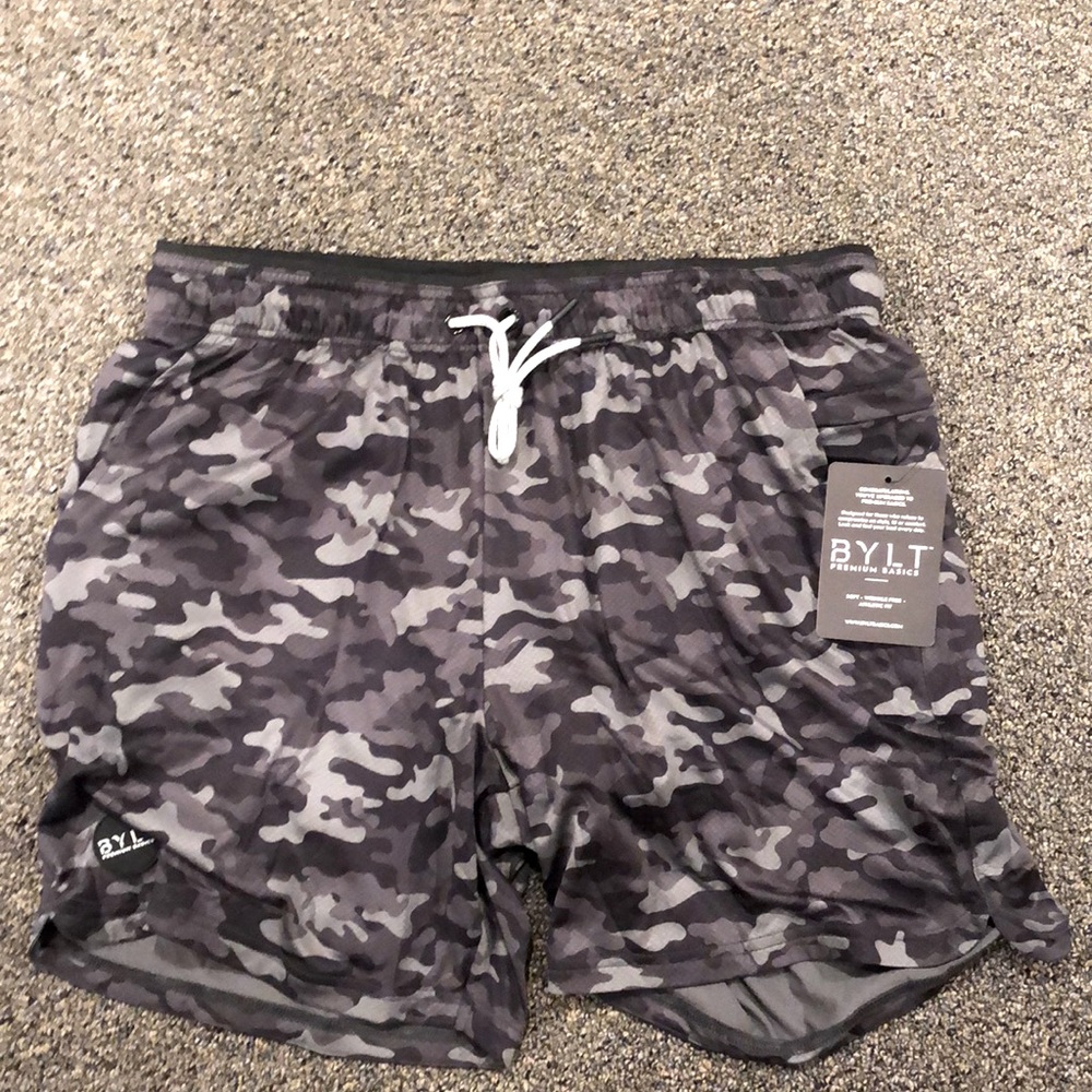 NWT BYLT active shorts with liner. Black and White Camo